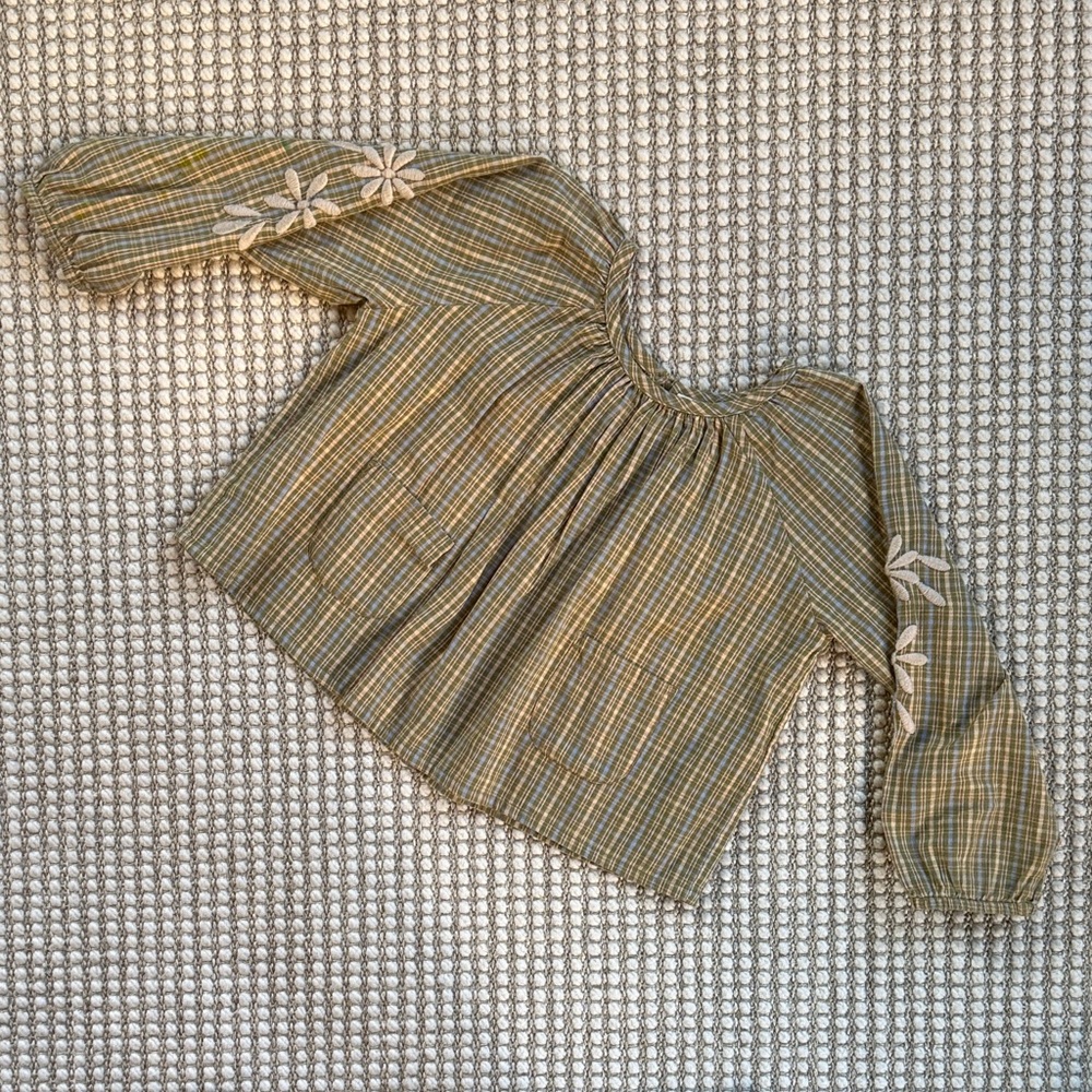 Apolina Plaid Blouse with Embroidered Flowers on Sleeve - Olive